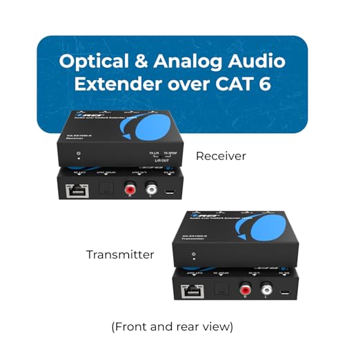 OREI Audio Over Cat6 Extender 990ft Coxial 5.1, PoC, Two-Way IR, DTS, LPCM | Coax to Toslink, Analog Audio Extender – Audio Balun over Cat6, Built-in DAC, Dolby Digital Plus, 24-bit/192kHz audio