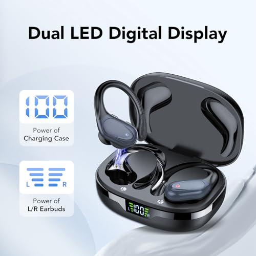Ear buds Wireless Earbuds Bluetooth 5.3 Headphones 60hrs Playtime with Digital Display Sports Wireless Headphones with Earhook Deep Bass IPX7 Waterproof Over-Ear Earbuds for Android iOS Workout Black - color: Black