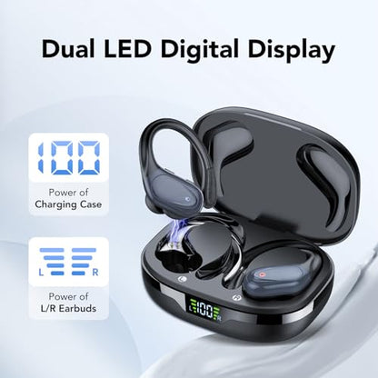 Ear buds Wireless Earbuds Bluetooth 5.3 Headphones 60hrs Playtime with Digital Display Sports Wireless Headphones with Earhook Deep Bass IPX7 Waterproof Over-Ear Earbuds for Android iOS Workout Black - color: Black