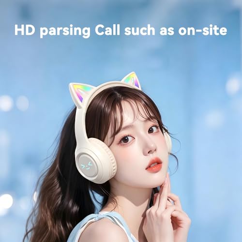 Cat-Ear Wireless Headphones Bluetooth 5.3 Over the Ear Headphones with RGB Light Built-in Mic Foldable Fashionable Stereo Headset Support TF Card for Gaming Travel PC Phone iPad（Cream White） - color: Cream White