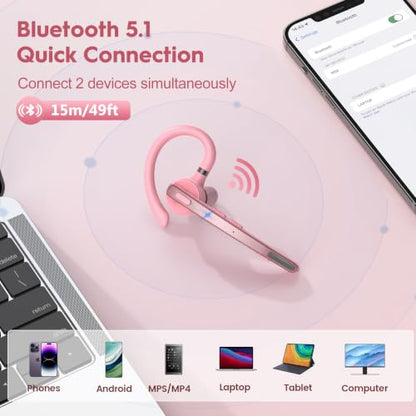 Bluetooth Headset 72H Work Single-Ear Wireless Earpiece for Cell Phone Call | 2 Charging Ways & 500mAh Charging Case,Dual Mic ENC Noise Cancel, Mute Button,V5.1 Hands-Free for Phone and Laptop