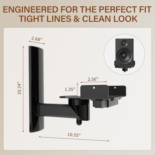 Speaker Wall Mounts,Adjustable Swivel & Tilt,55 Lbs,1Pair Black | Dual Side-Clamping Bookshelf Speaker Stands with 360° Swivel & ±7° Tilt,Fits 5.3"-11.0" Wide,55 lbs Capable,Includes Hardware