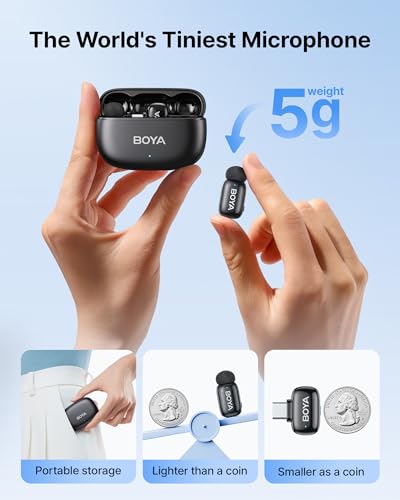 BOYA mini 2 Wireless Lavalier Microphone for iPhone 15/16/17 & Android | AI Noise Cancellation, App Control, 30H Battery Life with Charging Case for Vlogging Interviews and Content Creation - color: Black