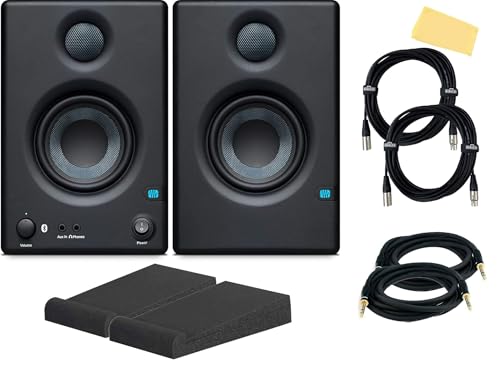 PreSonus Eris E3.5 BT Bluetooth Studio Monitor Pair Bundle with Isolation Pads, XLR Cables, TRS Cables, and Austin Bazaar Polishing Cloth - size: Bundle w/ Isolation Pads, style: E3.5 BT