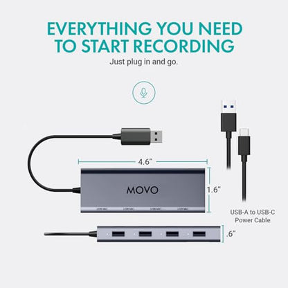 Movo UMX-1 USB Microphone Hub – 4-Port Powered USB Interface for Podcasting & Streaming Mics – Low-Noise, High-Speed