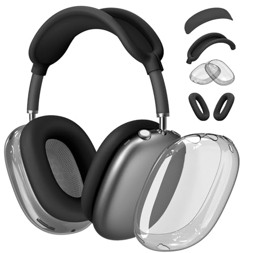 4 in 1 Set Case for AirPods Max Headphones, Clear Soft TPU Anti-Scratch Protective Case Cover, No Yellowing Transparent Accessories for Apple AirPods Max (2024 USB-C /2020 Lightning)-Clear Black - color: E-Black