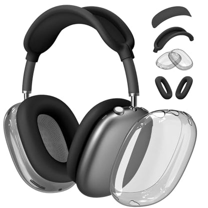 4 in 1 Set Case for AirPods Max Headphones, Clear Soft TPU Anti-Scratch Protective Case Cover, No Yellowing Transparent Accessories for Apple AirPods Max (2024 USB-C /2020 Lightning)-Clear Black - color: E-Black