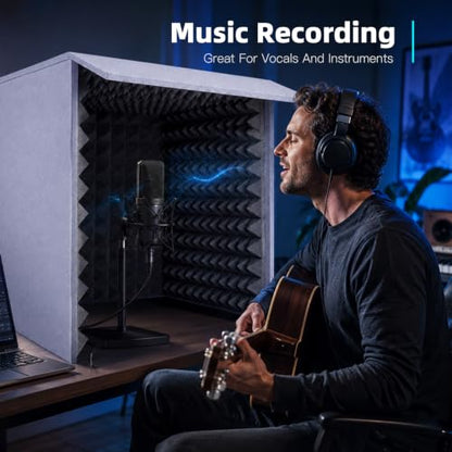 Portable Vocal Booth, 28 Inch Desktop Sound Isolation Recording Booth Box, Foldable Microphone Isolation Shield with 2 Inch Acoustic Foam for Podcast, Voice Over, Singing, Studio (Grey)