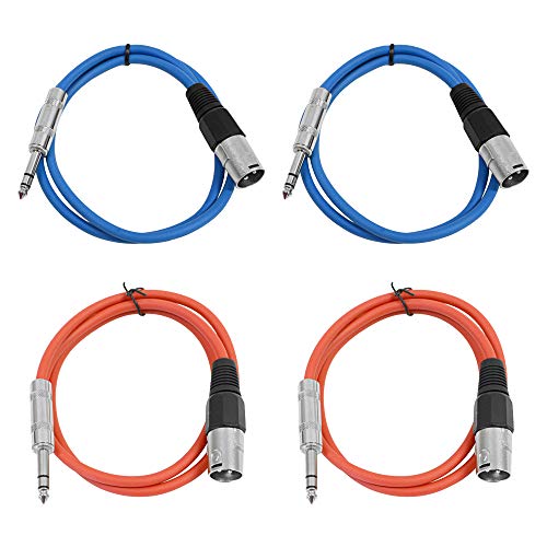 Seismic Audio - SATRXL-M2-4 Pack of 2 Foot 1/4 Inch TRS to XLR Male Patch Cables - Balanced - 2 Foot Patch Cord - Blue and Red - color: Blue and Red