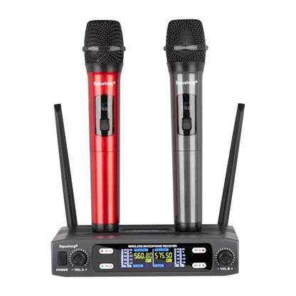Depusheng Wireless Microphone System, VHF Fixed Dual Frequency Wireless Set with 2 Handheld Dynamic Transmitter Wireless Mic Set for Singing, Karaoke, Church, DJ,200ft Range - size: X2 PRO