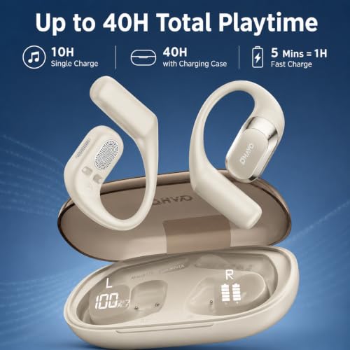 OHAYO Open Ear Headphones,Earbuds with Ergonomic Earhook,Bluetooth Headphones 5.4 with Smart Digital Display,40H Playtime,IPX6 Waterproof,Touch Control Earphones Fit Cycling,Running,Workout(Beige) - color: Beige