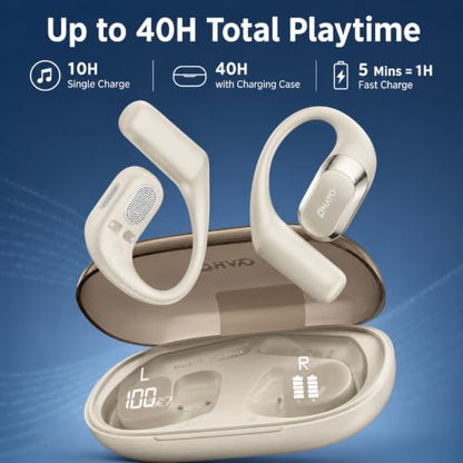 OHAYO Open Ear Headphones,Earbuds with Ergonomic Earhook,Bluetooth Headphones 5.4 with Smart Digital Display,40H Playtime,IPX6 Waterproof,Touch Control Earphones Fit Cycling,Running,Workout(Beige) - color: Beige