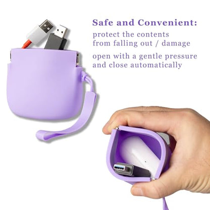 2-Pack Silicone Earbud & Cable Organizer Case with 2 Cord Winders, Pop-Open Storage Box for Headphones, Charging Cords, Small Accessories, Coin Purse – Blue & Purple