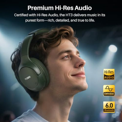 TOZO HT3 Hybrid Noise Cancelling Wireless Headphones, 90H Over Ear Headset | Hi Res Audio, AI Voice Assistant, Dual Device Connection, 32 Custom EQs, Built In 5 Mics, ANC, Foldable, Bluetooth 6.0 - color: Green