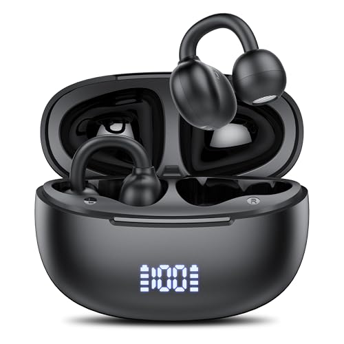 Clip on Earbuds Open Ear Wireless Bluetooth 5.4 Headphones with Noise Cancelling Mic, 48H Playtime Ear Buds,IP68 Waterproof, Comfortable for Small Ears (Black)