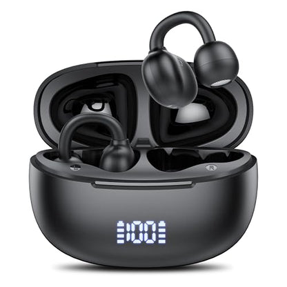 Clip on Earbuds Open Ear Wireless Bluetooth 5.4 Headphones with Noise Cancelling Mic, 48H Playtime Ear Buds,IP68 Waterproof, Comfortable for Small Ears (Black)