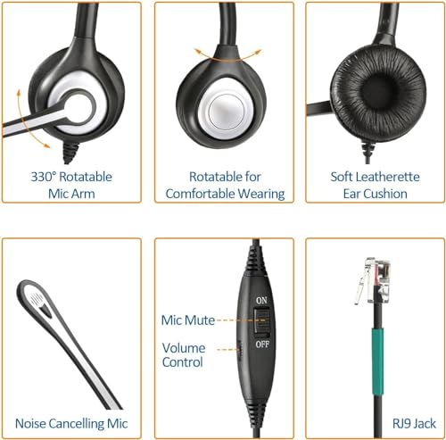 Wantek Corded Telephone Headset Dual w/Noise Canceling Mic Compatible with Avaya Aastra Allworx Adtran Alcatel Lucent AltiGen Digium Gigaset InterTel Mitel Plantronics Landline Deskphones(F602S1)