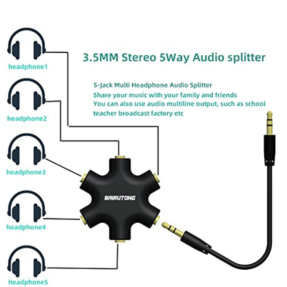 5-Jack Multi Headphone Audio Splitter With 3.5mm Stereo Cable 20cm & 100cm, 5-Pack