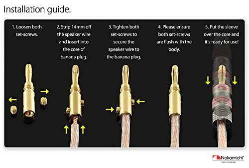 Nakamichi Ultimate Series 24k Gold Plated Beryllium Red Copper Banana Plug 12 AWG - 18 AWG Gauge Size 4mm for Speakers Amplifier Hi-Fi Stereo Receiver Audio Wire Cable Connector 2 Pcs (1-Pair) - size: 2 Pcs (1-Pair)