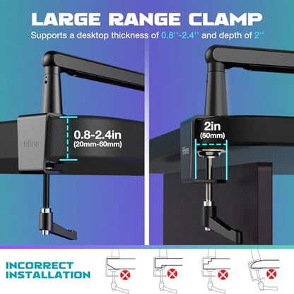 FIFINE BM88 Low Profile Microphone Boom Arm Stand for Gaming Streaming | Adjustable Stick Stand, Desk Mount Clamp, Cable Management, Screw Adapter, for Podcast Streaming Gaming - color: Black