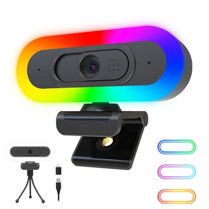 ToLuLu 2K Streaming Webcam Web Cam, LED RGB Webcam with Microphone & Light | Autofocus Computer Camera with Cover and Tripod, Plug-Play USB Web cam for PC Desktop/MacBook Gaming Video Calling - style: 2K Autofocus RGB Ring Light webcam
