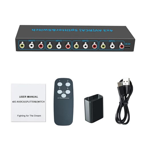 DC 5V 1A AV RCA Switcher 4 in 3 Out RCA Splitter with 4-Way Audio Composite Video L/R Stereo Audio AV Selector Box