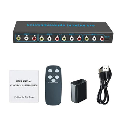 DC 5V 1A AV RCA Switcher 4 in 3 Out RCA Splitter with 4-Way Audio Composite Video L/R Stereo Audio AV Selector Box