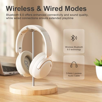 LORELEI QC30 Hybrid Active Noise Cancelling Headphones,Over-Ear Wireless Bluetooth,Beige Protein Leather, Active Noise Control & Transparency Mode,Deep Bass, Built-in Mic - color: Beige White