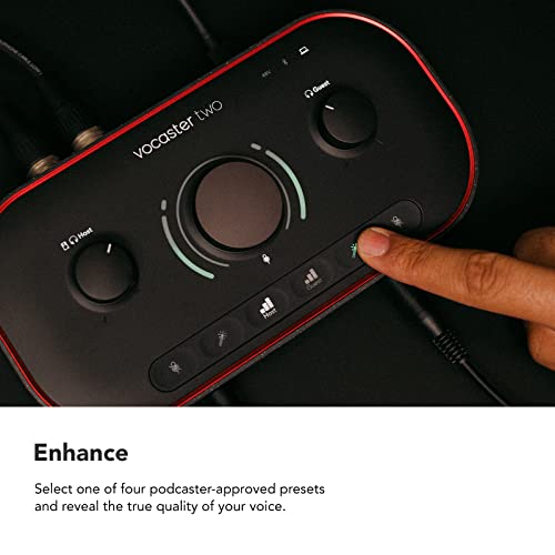 Focusrite Vocaster Two — Podcasting Interface for Recording Host and Guest. 2 Mic Inputs and Headphone Outputs, with Auto Gain, Enhance, and Mute. Small, Lightweight, and Powered by Computer | Podcasting Interface for Recording Host and Guest. 2 Mic Input