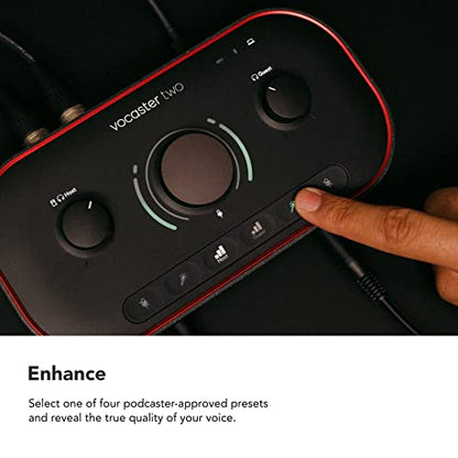 Focusrite Vocaster Two — Podcasting Interface for Recording Host and Guest. 2 Mic Inputs and Headphone Outputs, with Auto Gain, Enhance, and Mute. Small, Lightweight, and Powered by Computer | Podcasting Interface for Recording Host and Guest. 2 Mic Input