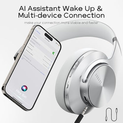 DOQAUS Bluetooth Headphones Over Ear, 90H Playtime, 3EQ Mode, with ENC Mic | Hifi Stereo Sound, Lightweight, Headphones Wireless with Soft Memory Foam Earpads, Deep Bass for Home Office Cellphone PC - color: Sliver