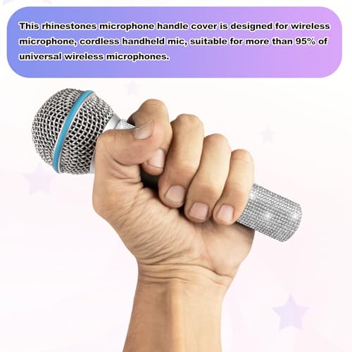 MECCANIXITY Silver Mic Handle Cover, Rhinestones Microphone Handle for Most Universal Wireless Microphones, Mic Not Included(with Black Velvet Bag) - color: Silver Black