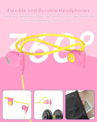 Mehomeli Kid Headphones, Air Conduction Open Ear Headphones, 3.5mm Jack | Ultra-Comfort, Ergonomic and Lightweight Design Perfect for School and Outdoor Activities-Yellow Pink - color: Yellow,Pink