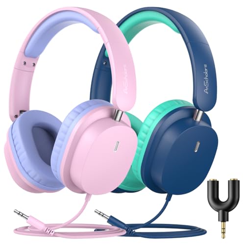 Kids Wired Headphones for School, 2-Pack with Sharing Splitter | Stereo sound, Comfortable over-ear fit, Foldable design, Tangle-free 3.5 mm cable, Ideal for tablets, laptops and computers - color: Blue+Pink
