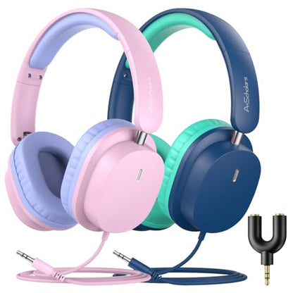 Kids Wired Headphones for School, 2-Pack with Sharing Splitter | Stereo sound, Comfortable over-ear fit, Foldable design, Tangle-free 3.5 mm cable, Ideal for tablets, laptops and computers - color: Blue+Pink