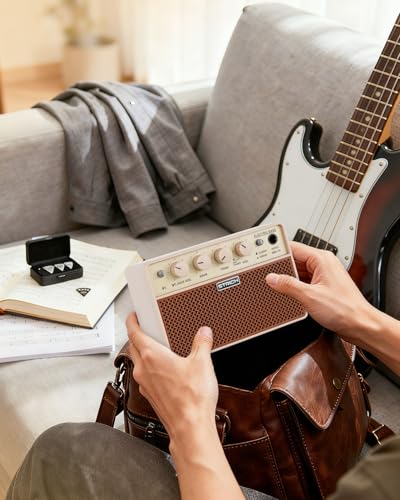 2 x 5W Mini Bass Practice Amp, Rechargeable, Clean/Drive, Brown | Portable Mini Amp with 1/8 Headphone Output - color: Brown