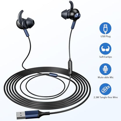 ACAGET USB Earbuds with Mic for PC Laptop 7.5FT Wired Meeting Mute Headsets | USB Computer Headphones Wired Headsets for Office School Desktop Student HiFi Noise Isolation In Ear Corded Gaming Earphones