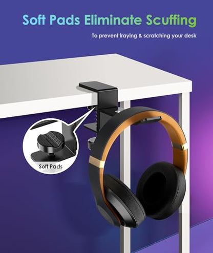6amLifestyle Headphone Headset Holder Hanger, Universal Metal Gaming Headphones Stand Mount Under Desk Hook Clip with Adjustable Clamp for All Headsets, Black