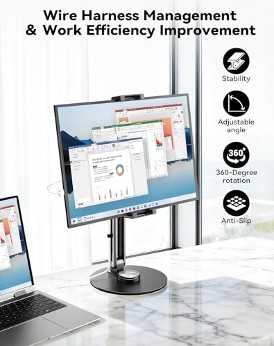 Portable Monitor Stand Large Clamp - Heavy Duty Aluminum Body Support up to 4.4LBS 16" 17.3" 18.5 inch 360° Rotating Base Swivel Foldable Desk Stand for iPad Holder Tablet Mount for Kitchen/Travel - size: Up to 18.4''