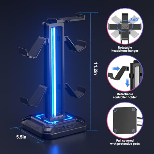 KDD RGB Headset Stand with 9 Light Modes - Controller Holder for Desk - Rotatable Headphone Stand & Detachable Controller Hook for PC Earphone Accessories(Black) - color: Black