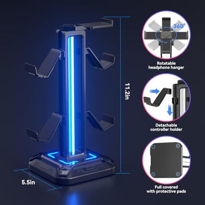 KDD RGB Headset Stand with 9 Light Modes - Controller Holder for Desk - Rotatable Headphone Stand & Detachable Controller Hook for PC Earphone Accessories(Black) - color: Black
