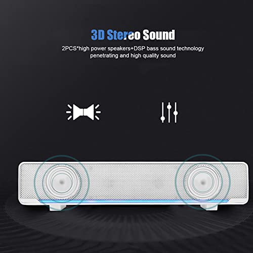 V-196 Computer Sound Bar, White USB Powered 3.5mm Input 2.0 Channel Stereo Soundbar with Volume Knob and Blue LED Breathing Light - color: White