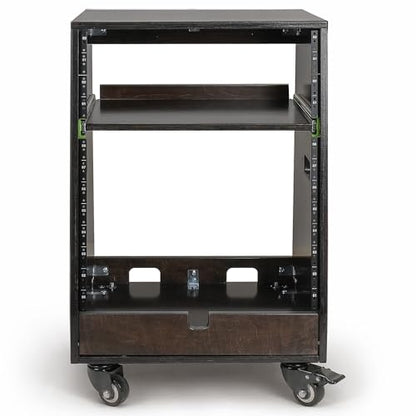 Sound Town DIY Slanted 12U Studio Rack (4U Top + 8U Lower) with 2U Bottom Storage, Slide-Out Tray, Casters, for Home Studio and Recording Room, Birch Plywood, Black Espresso (SDRK-ST12TD) - size: 12u(4u Top + 8u Lower),Black Espresso