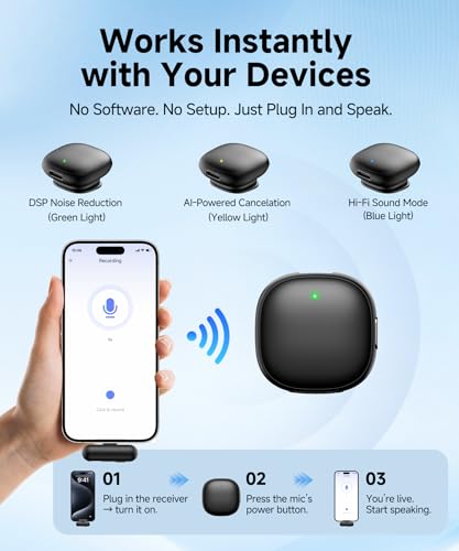 Wireless Lavalier Microphone for iPhone,AI Noise Cancelling,Lapel Mics with USB-C/Lightning Plug,Magnetic Mic,40H Battery Life for iPhone17/16/15/Android/PC/Tablet,Case for Stream,Vlog,TikTok,YouTube