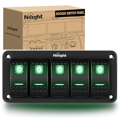 Nilight 5 Gang Rocker Switch Panel SPST On Off Toggle with DIY Label Sticker | 5PIN Electrical 12V/20A 24V/10A Aluminum Plate with Pre-Wired Jumper Wires for LED Light Bar RV Boats 4X4 Cars Green - color: Green, size: 5 Gang
