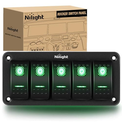 Nilight 5 Gang Rocker Switch Panel SPST On Off Toggle with DIY Label Sticker | 5PIN Electrical 12V/20A 24V/10A Aluminum Plate with Pre-Wired Jumper Wires for LED Light Bar RV Boats 4X4 Cars Green - color: Green, size: 5 Gang