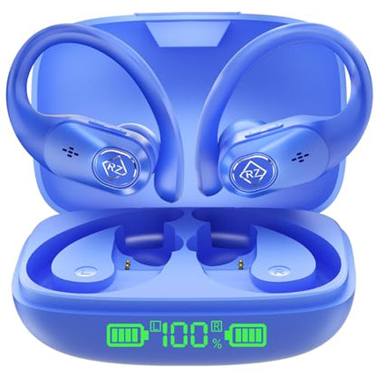 Wireless Earbuds with Ear Hooks 96H Playtime for iPhone Android | LED Display Deep Bass Stereo Sound Built in Mic Sweat Resistant Design Low Latency Mode for Sports Gaming - color: Blue