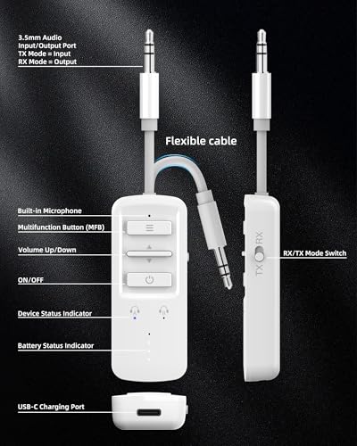Airplane Bluetooth Transmitter Receiver for 2 Headphones, White | Wireless Audio Adapter for Plane, TV, Gym, Travel, Compatible with 3.5mm Aux Jack on Car and Home Stereo - color: White