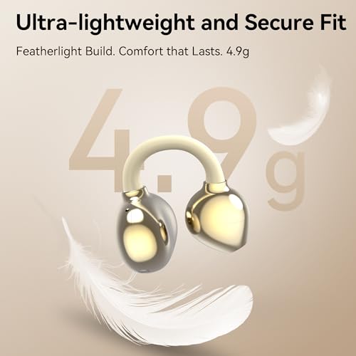 Open Ear Clip on Earbuds Bluetooth Headphones Wireless Ear Buds | Bluetooth 5.4 LED Digital Display IPX5 Waterproof HiFi Stereo 36H Playtime Comfortable Lightweight - color: Gold