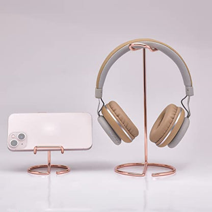 JIARI Headphones Stand and Cell Phone Stand Desktop Metal Holder Accessories 2pcs Set (Rose Gold) - color: Rose Gold